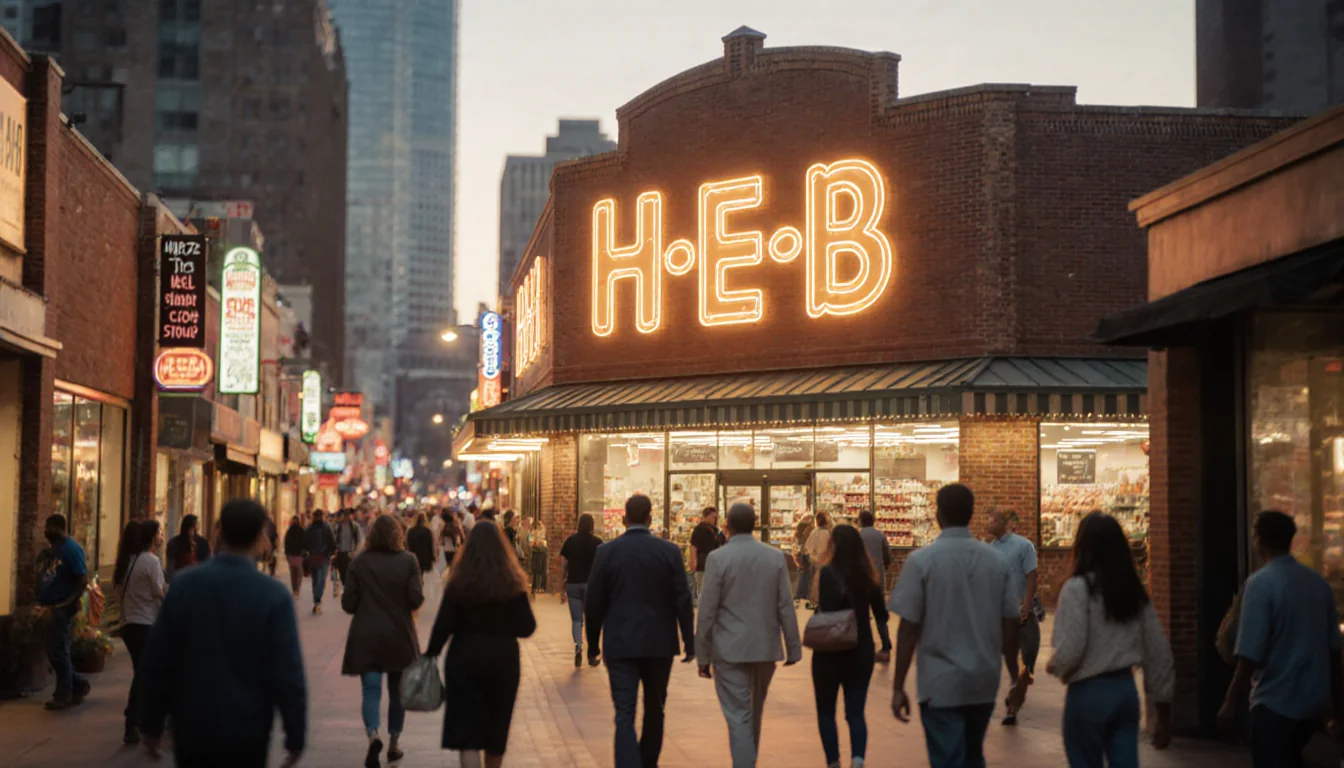 Crowd strolling toward H‑E‑B supermarket in Dallas shopping district with golden street lights and eclectic storefronts.