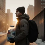 Runner standing with backpack and homeless shelter in front of Dallas skyline at sunrise