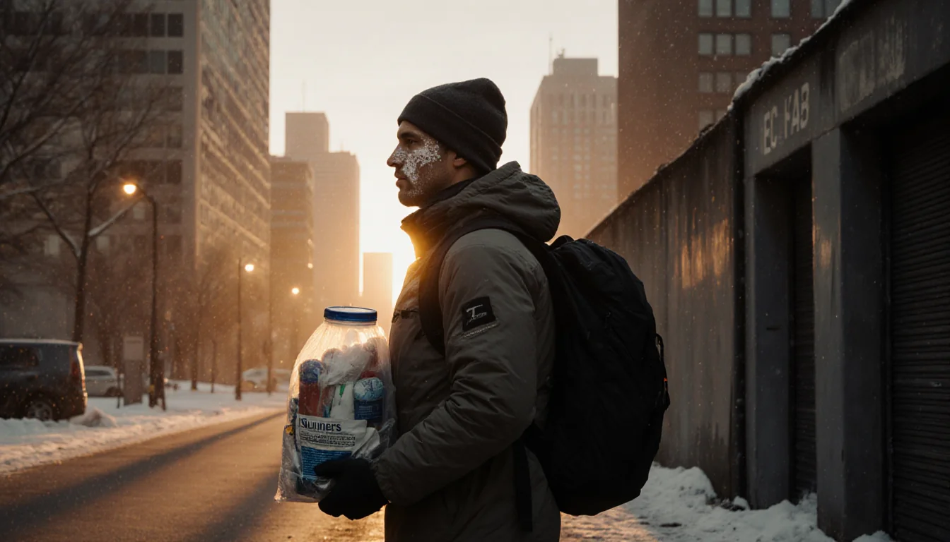 Runner standing with backpack and homeless shelter in front of Dallas skyline at sunrise