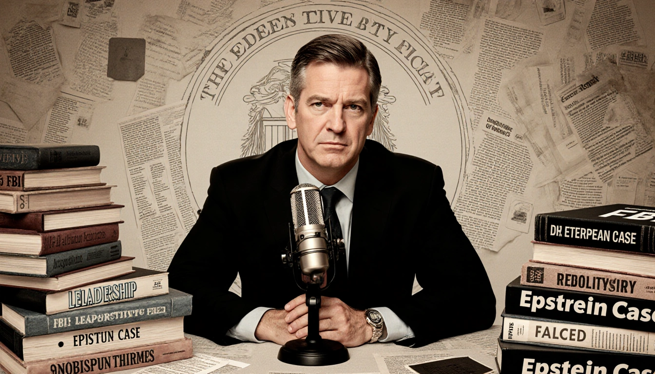 Podcast host sits at microphone with books titled FBI Leadership and Epstein Case and faint FBI badge behind