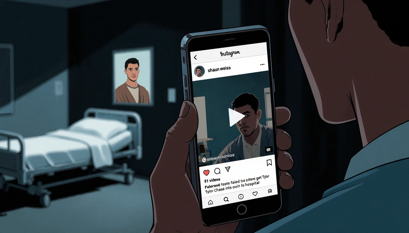 Daniel Curtis Lee holding his phone showing an Instagram video with a blurred hospital bed and a faint Tylor Chase image