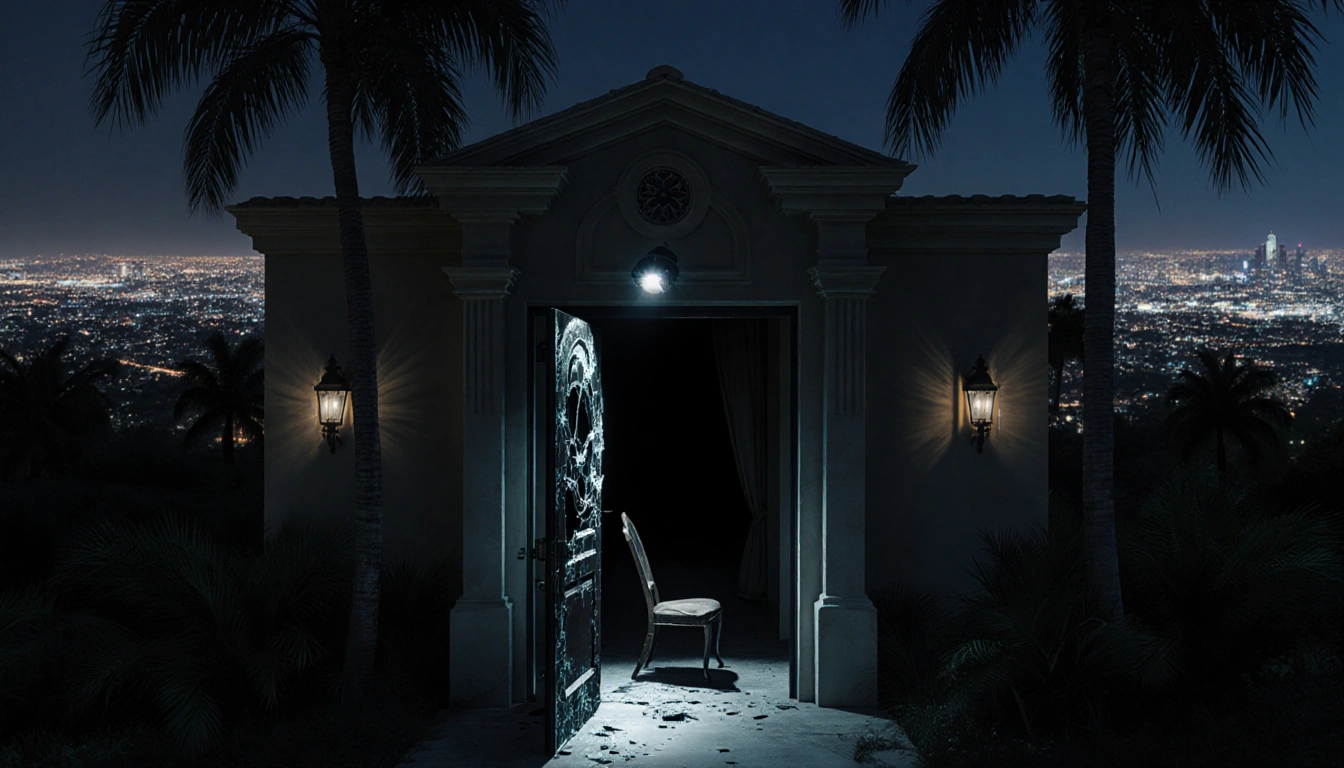 Shattered front door hangs open with police lights and a spotlight on a lone chair in dark hallway near city skyline.
