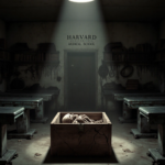 Spotlight shines on wooden box with human remains in dim morgue chamber lined with steel autopsy tables