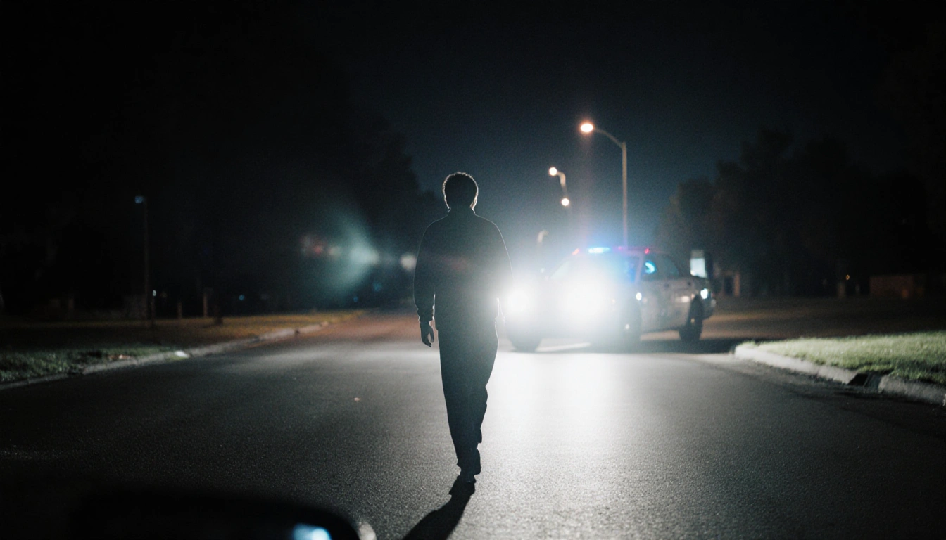 Lone figure walking away along a darkened road with a glowing phone light and a distant police vehicle outline.