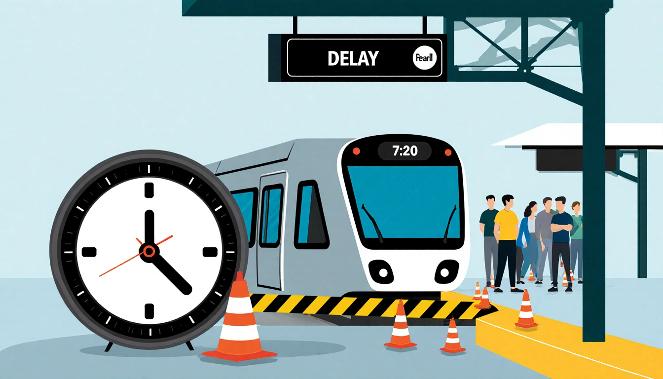 DART train stopped with delay sign above Pearl Arts District entrance and warning cones and caution tape around it and commut