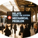 Passengers gather at the DART station platform with a red alert screen showing delays and a stopped train in the background.