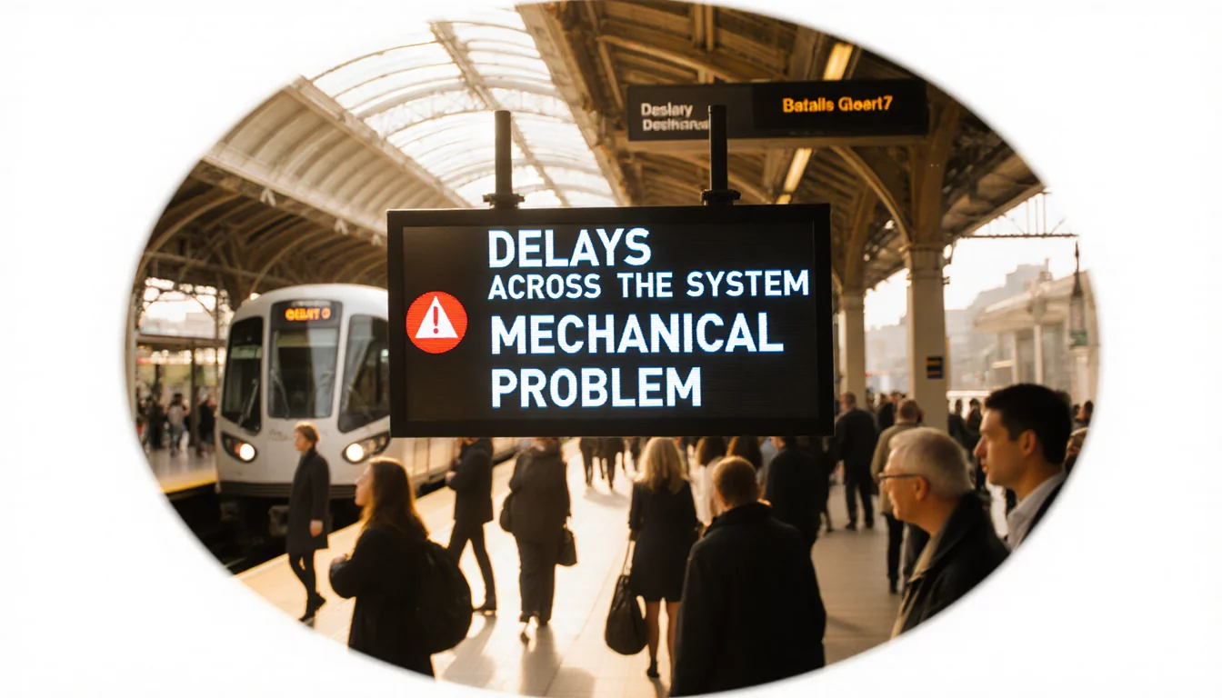 Passengers gather at the DART station platform with a red alert screen showing delays and a stopped train in the background.