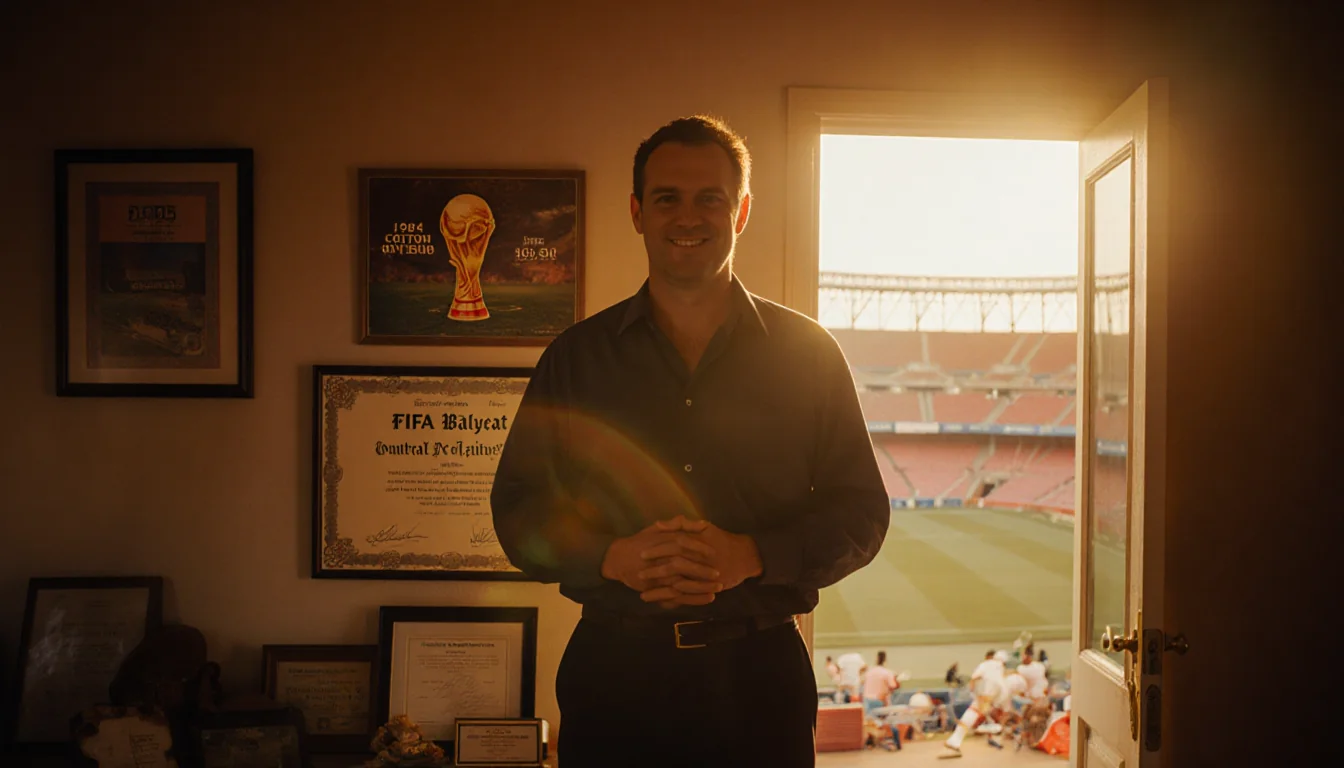 David Balyeat stands proudly in front of a 1994 FIFA World Cup program with Cotton Bowl stadium visible behind