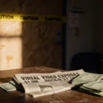 Unpaid checks and a newspaper lie scattered on a worn wooden desk with dimly lit daycare entrance and yellow caution tape