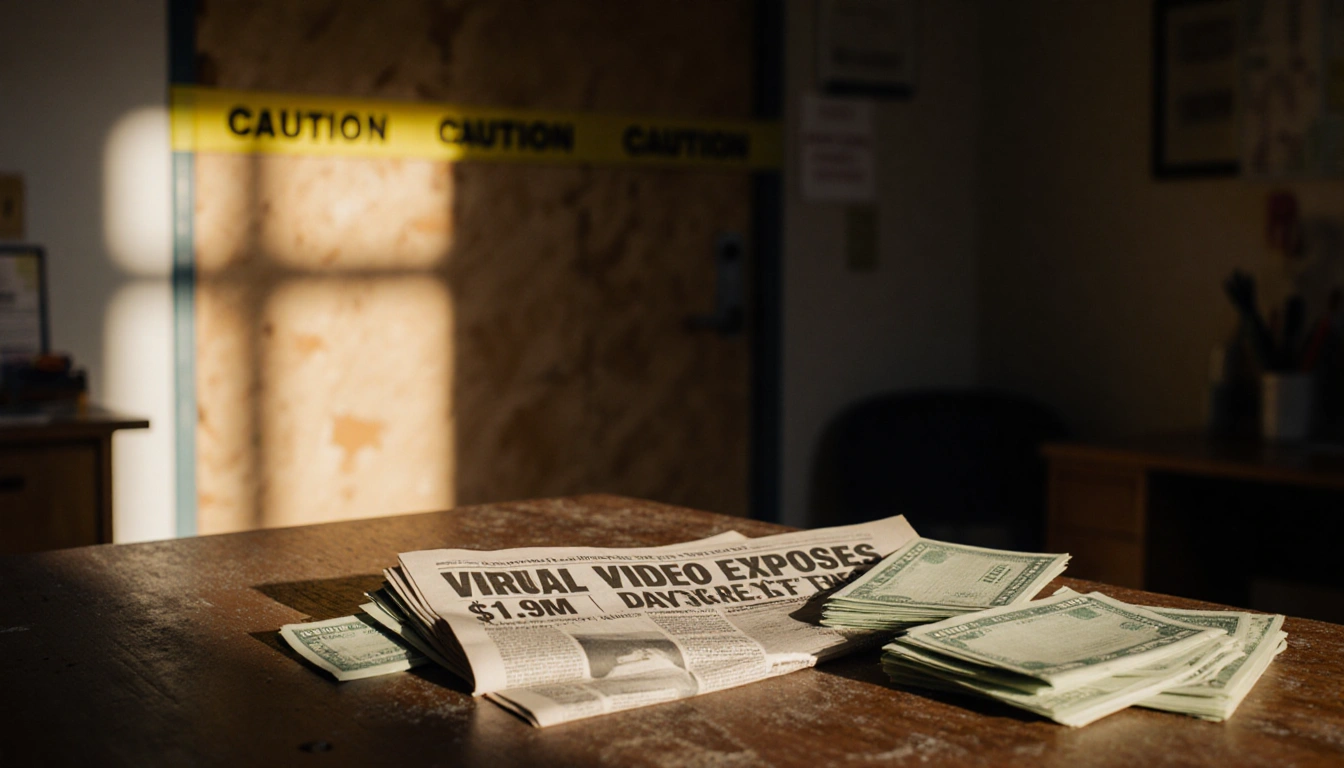 Unpaid checks and a newspaper lie scattered on a worn wooden desk with dimly lit daycare entrance and yellow caution tape