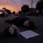 Nadia Swanson lying on pavement with a bouquet of flowers and a handwritten note police car and onlookers in dusk background
