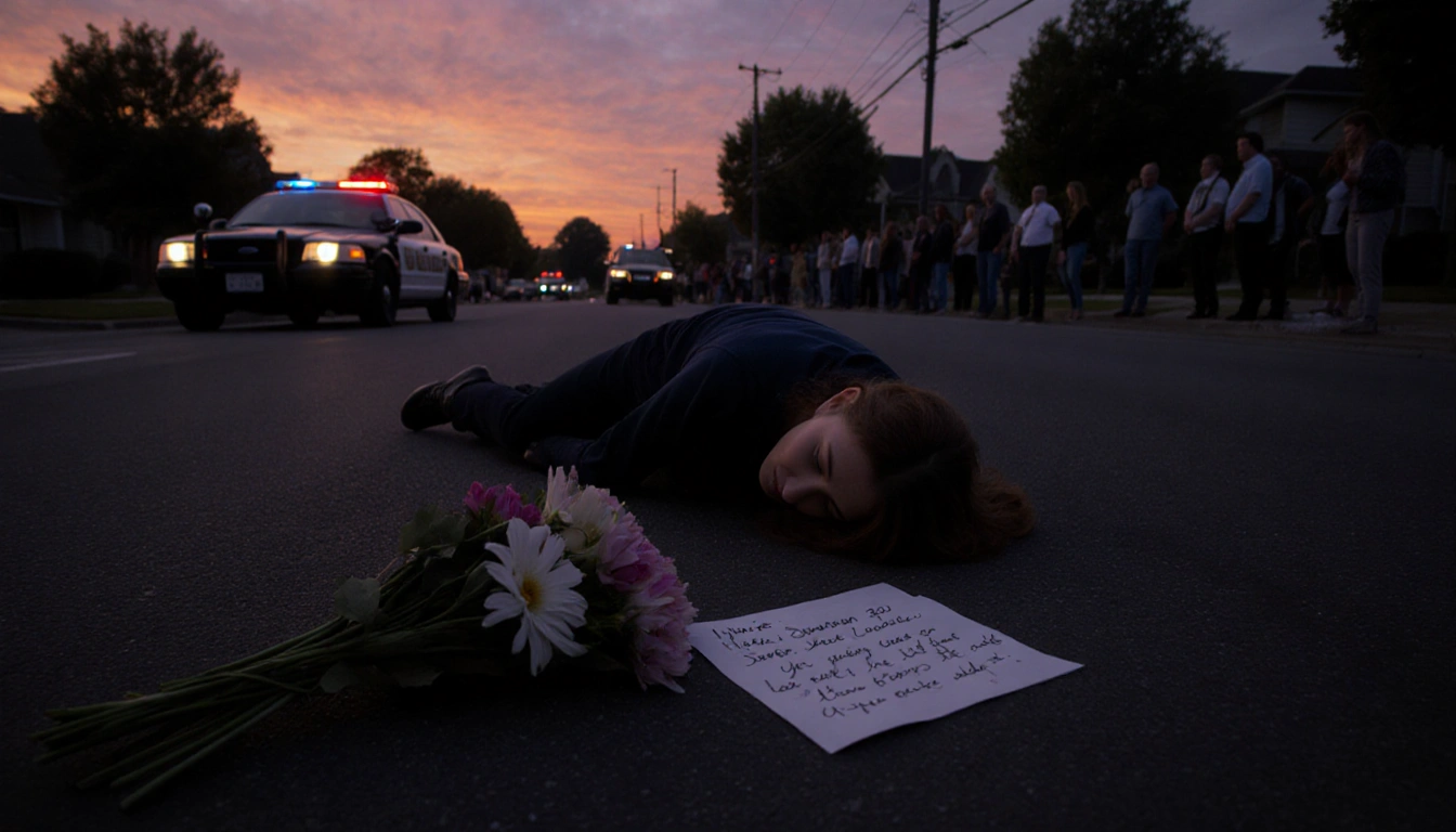 Nadia Swanson lying on pavement with a bouquet of flowers and a handwritten note police car and onlookers in dusk background