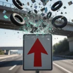 Highway sign pointing upward with swirling debris detection system above and blurred road below