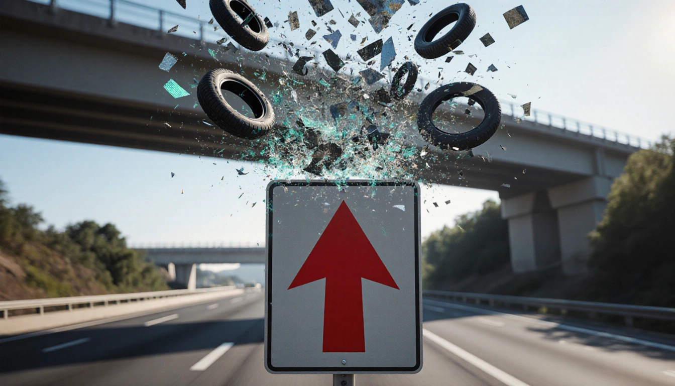 Highway sign pointing upward with swirling debris detection system above and blurred road below