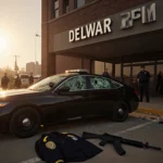 State trooper uniform lies on ground with rifle near a shattered sedan outside Delaware DMV.