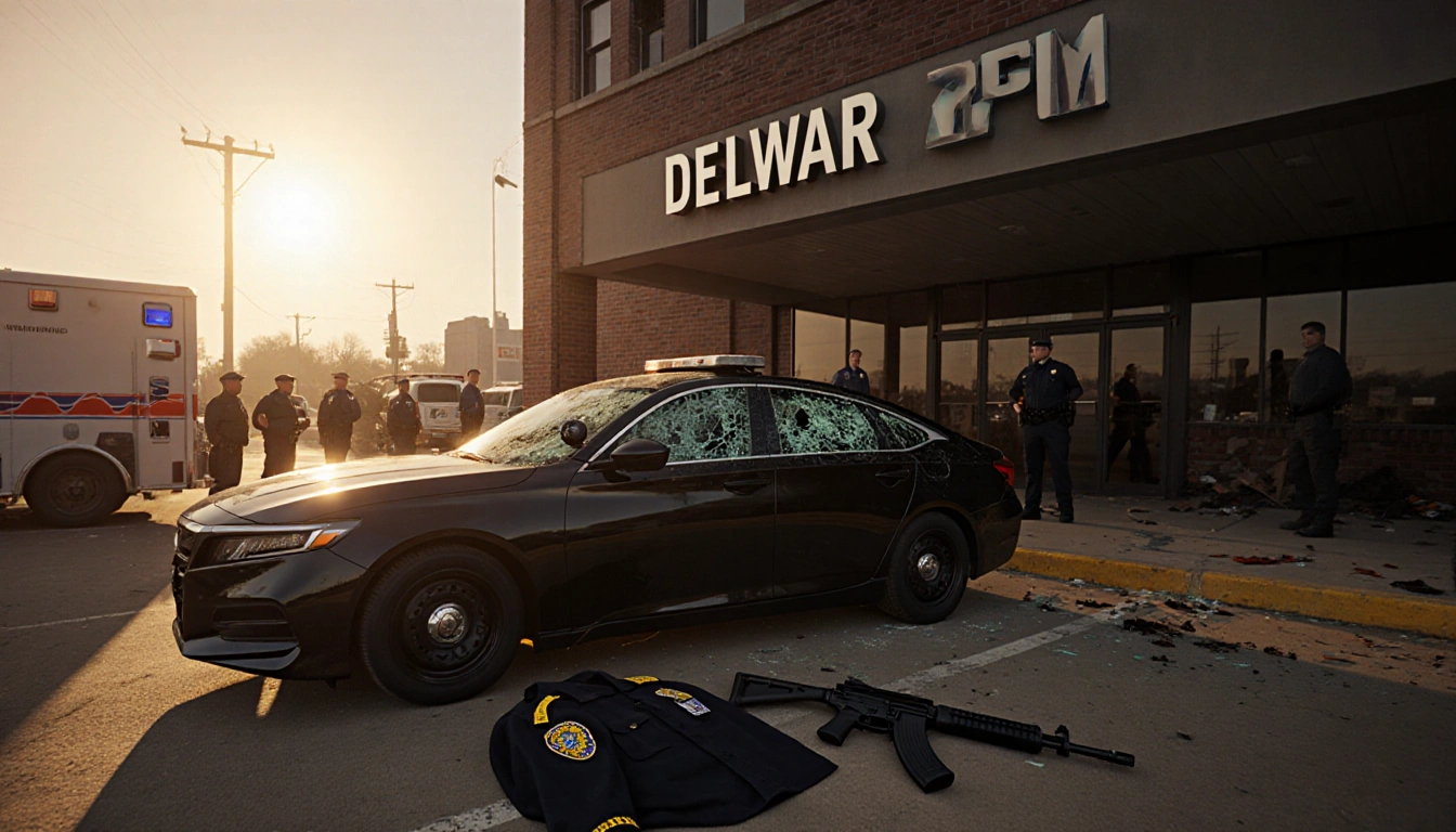 State trooper uniform lies on ground with rifle near a shattered sedan outside Delaware DMV.