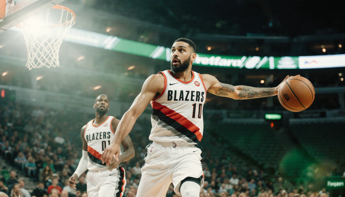 Deni Avdija drives to the basketball basket with arm outstretched passing as Klay Thompson watches behind him in a scene.