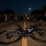 Abandoned bicycle with spinning wheels lies on asphalt with evening shadows and a small crowd lit by cellphone glow.