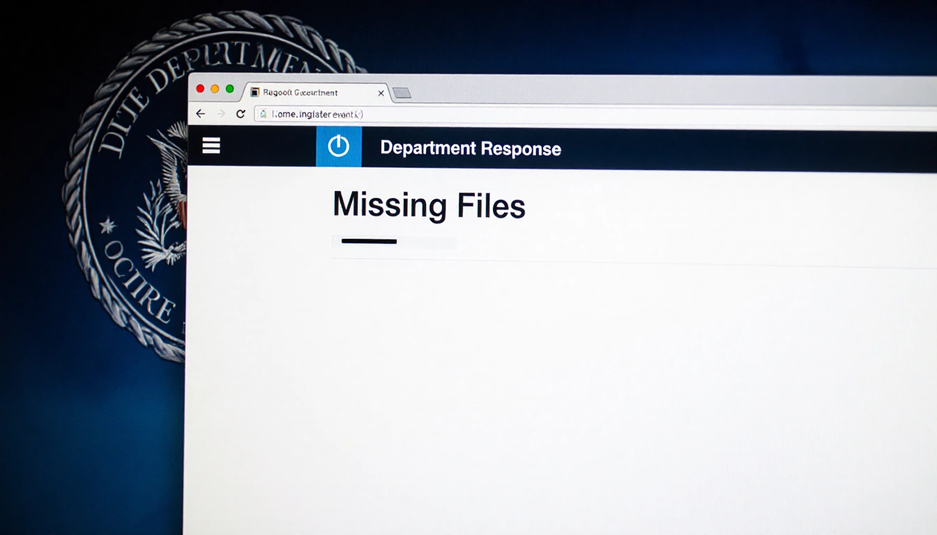 Computer screen showing a loading symbol with Department Response, Missing Files, government logo corner, clock icon.