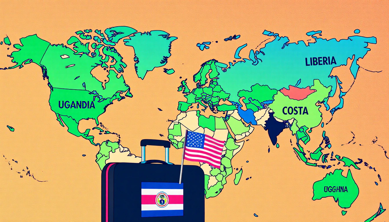 Suitcase with U.S. flag travels over map showing Uganda Eswatini Ghana Liberia and green Costa Rica indicating deportation.