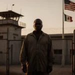 Deported man standing at detention center entrance with faded flag fluttering and golden light filtering through fence.