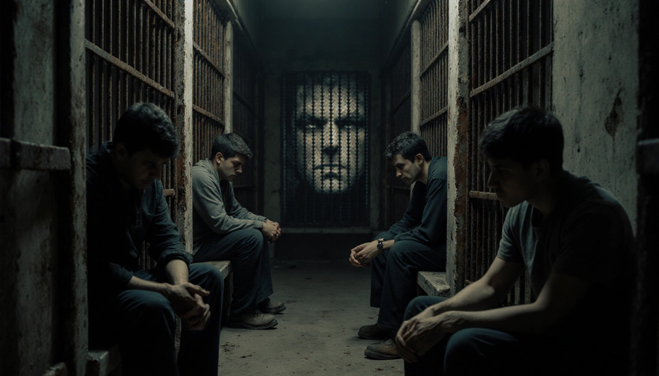 Depportees sit dejected on narrow benches in dim holding cells with rusty bars and a menacing director face behind.