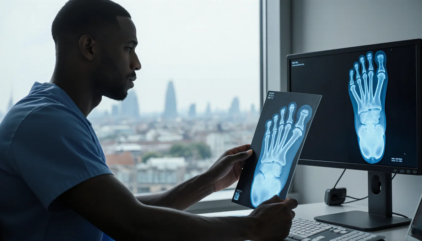 Dereck Lively II sits with a doctor examining his foot and monitor showing a foot X‑ray against London skyline