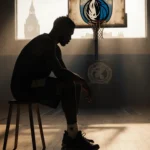 Dereck Lively II sits with right foot on stool on a dim basketball court with faded Mavericks logo and foggy London skyline