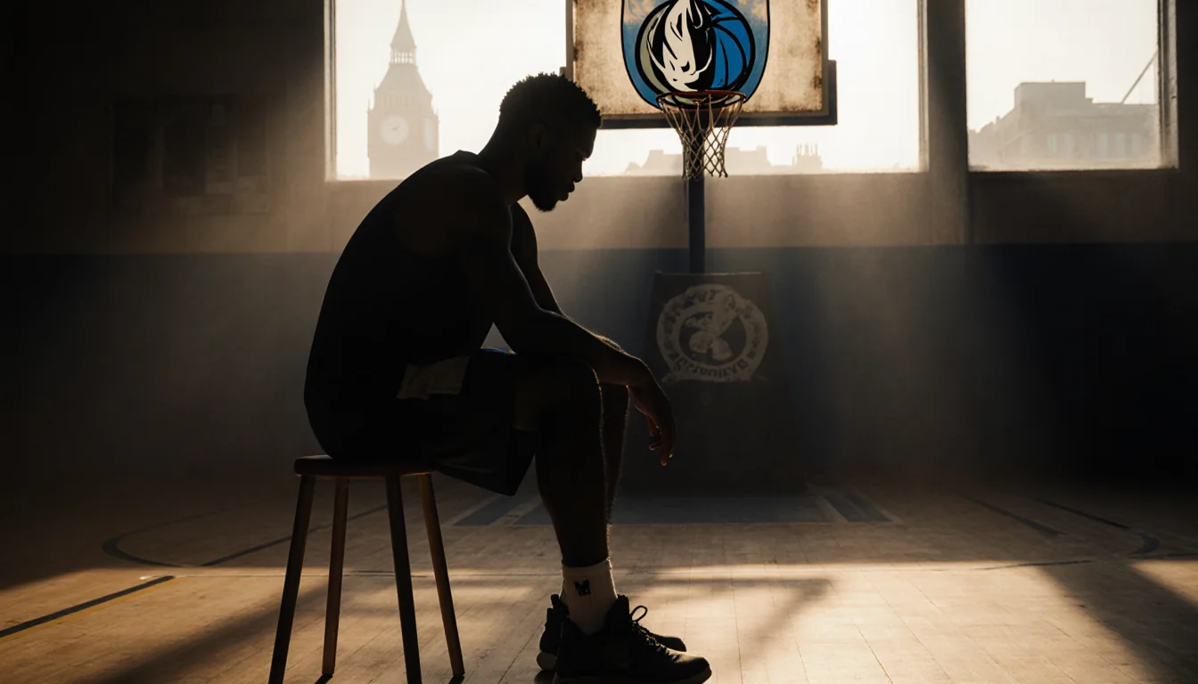 Dereck Lively II sits with right foot on stool on a dim basketball court with faded Mavericks logo and foggy London skyline