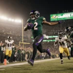 Derrick Henry sprinting toward the goal line with jersey number 2 under golden lights and fans in the background