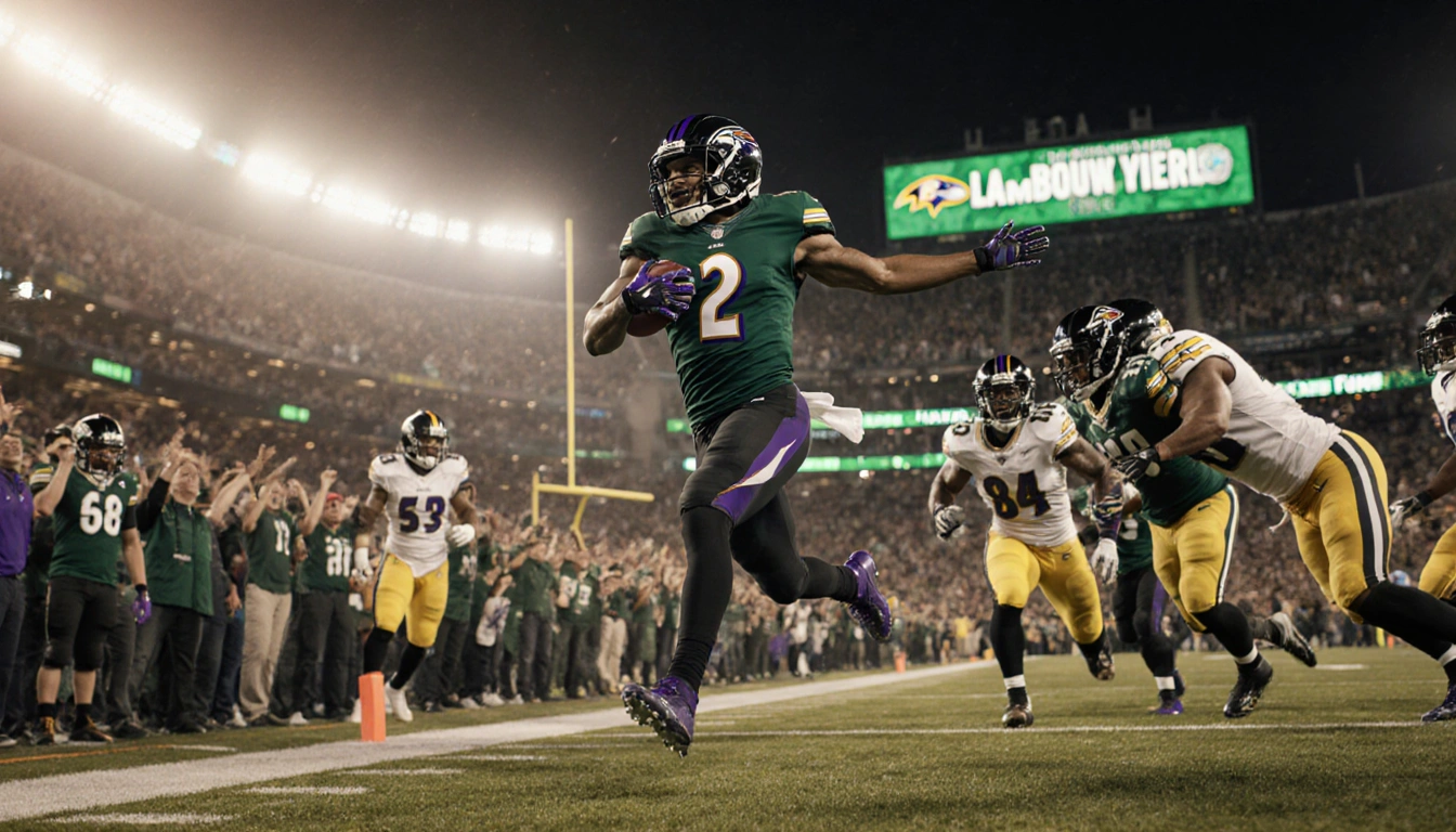 Derrick Henry sprinting toward the goal line with jersey number 2 under golden lights and fans in the background