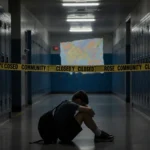 Middle school student sits in empty school hallway with abandoned lockers and flickering lights police tape nearby