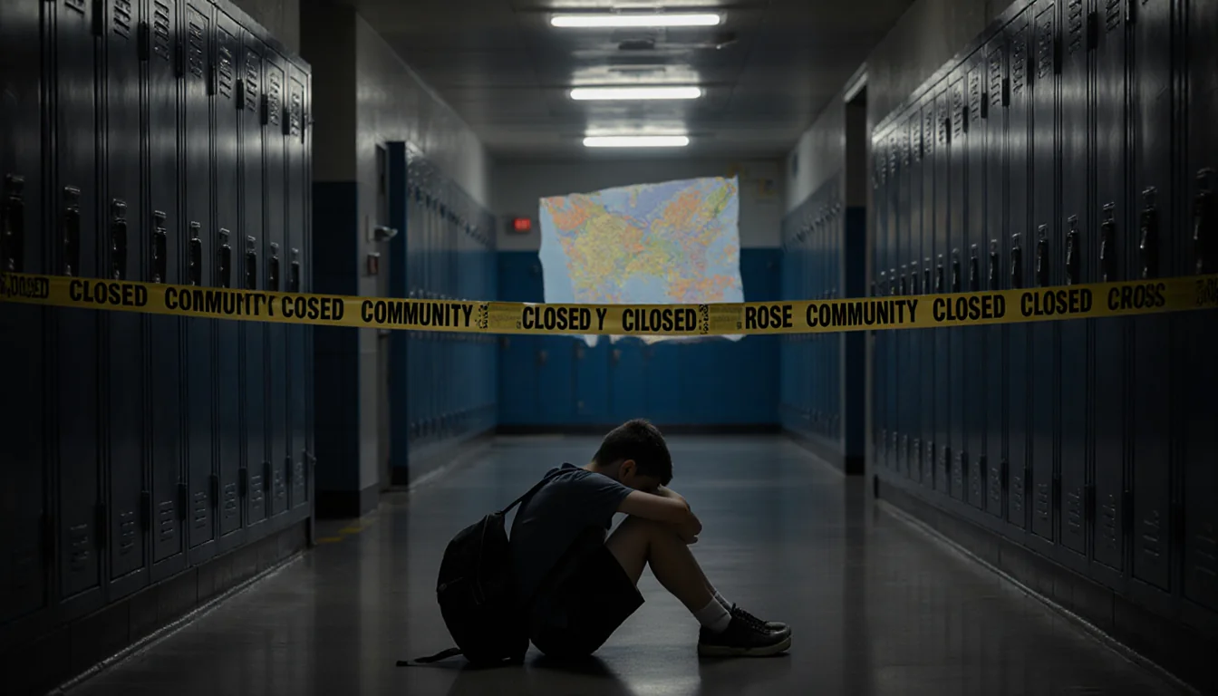 Middle school student sits in empty school hallway with abandoned lockers and flickering lights police tape nearby