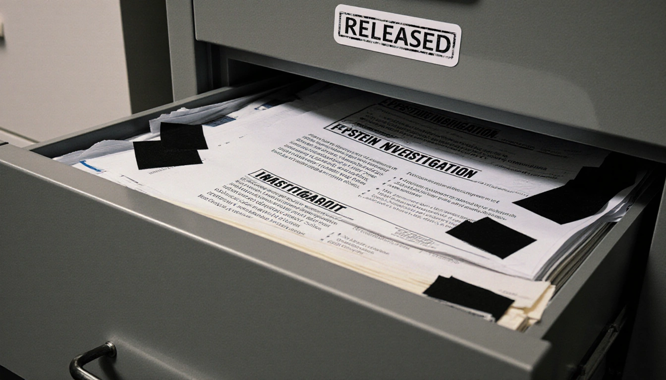 Open file cabinet revealing stacked papers labeled Epstein Investigation with a released stamp on top.
