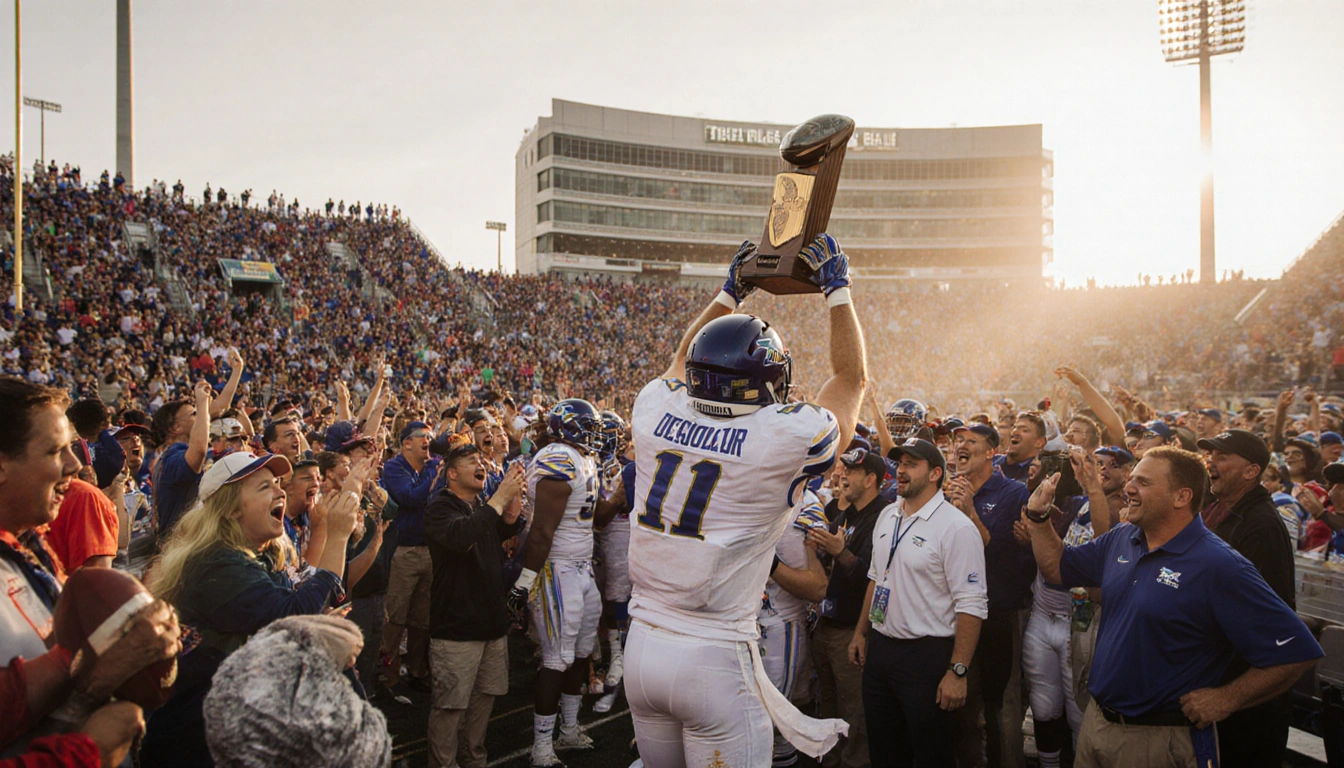 DeSoto football player holding championship trophy with cheering teammates and AT&T Stadium backdrop