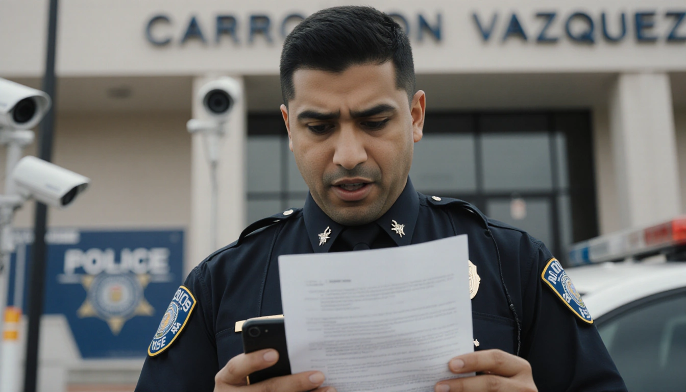 Detective Juvensio Vazquez reacts to incident report with surprised smile near police station façade.