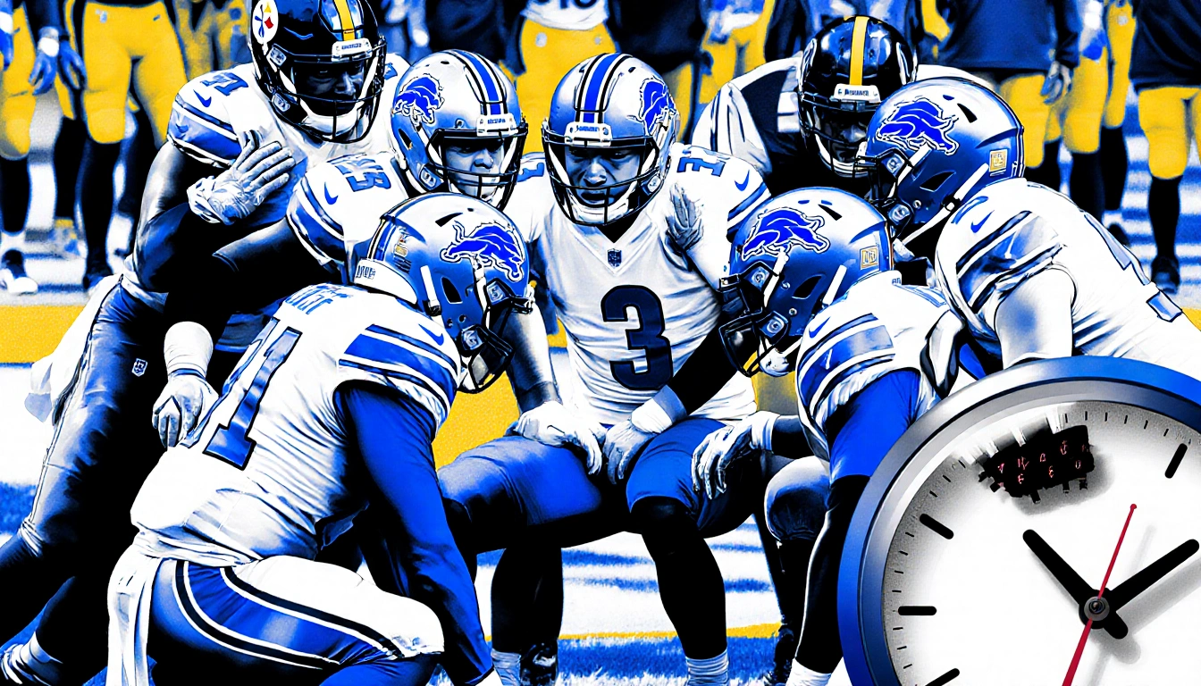Detroit Lions huddle around quarterback Jared Goff near the Steelers 1-yard line with a defensive wall and a ticking clock.