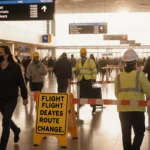 Travelers rushing toward gates with airport signs indicating delays and construction barriers in a crowded DFW terminal with