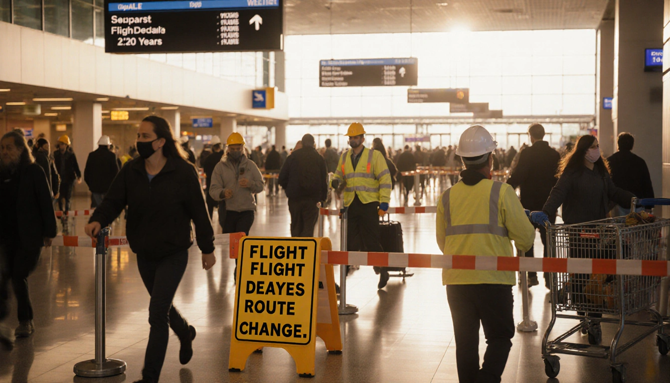 Travelers rushing toward gates with airport signs indicating delays and construction barriers in a crowded DFW terminal with