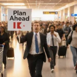 Airport spokesperson holding up a Plan Ahead sign in a busy terminal hallway with travelers and luggage carts
