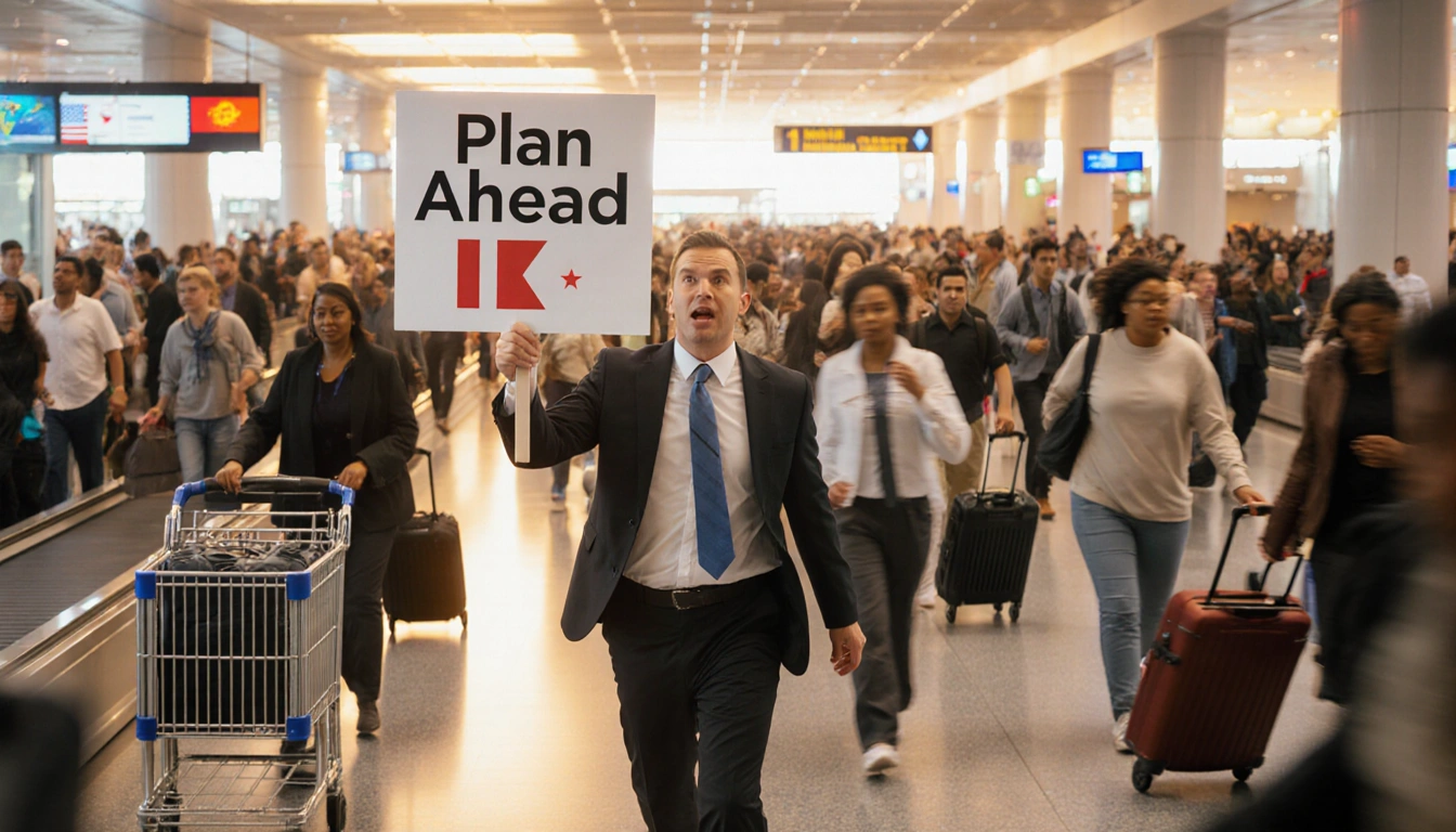 Airport spokesperson holding up a Plan Ahead sign in a busy terminal hallway with travelers and luggage carts