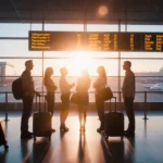 Travelers chatting near a departures board with sunrise light over the airport terminal