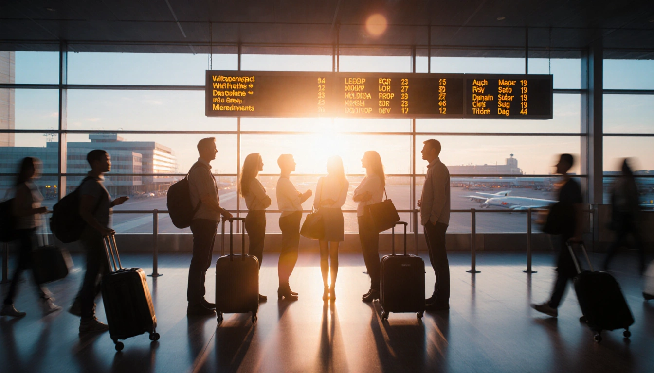 Travelers chatting near a departures board with sunrise light over the airport terminal