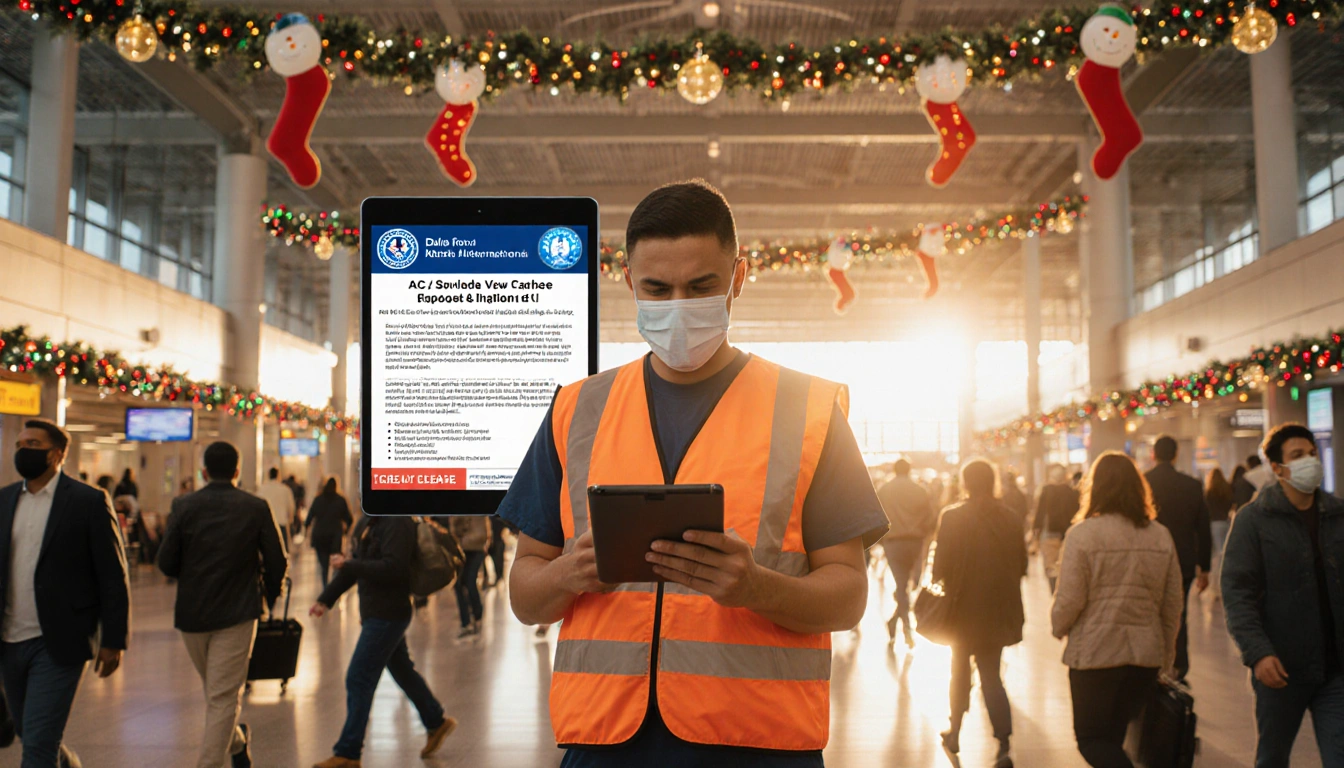Healthcare worker holding tablet with CDC alert in DFW terminal during holiday rush hour with golden lighting.