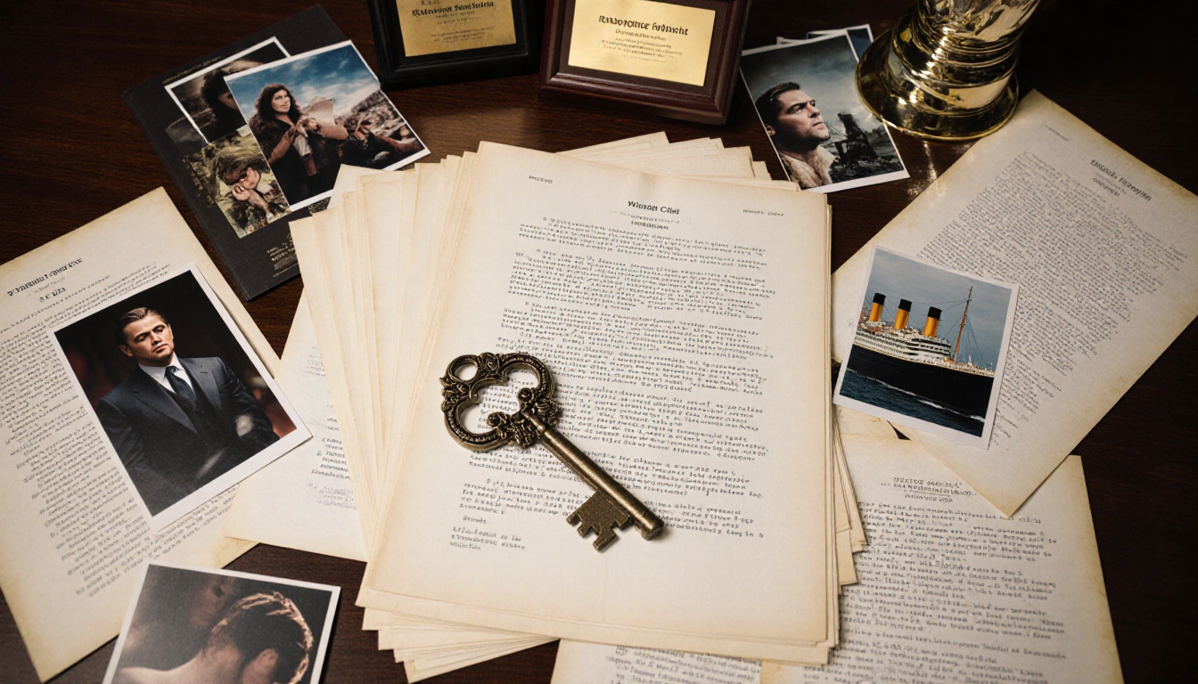 Open film script page revealing a large ornate key with Titanic design and DiCaprio photos