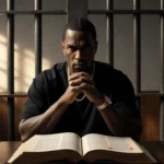 Diddy Combs sits in a dimly lit prison cell with gold light through bars and a leather book open beside him.