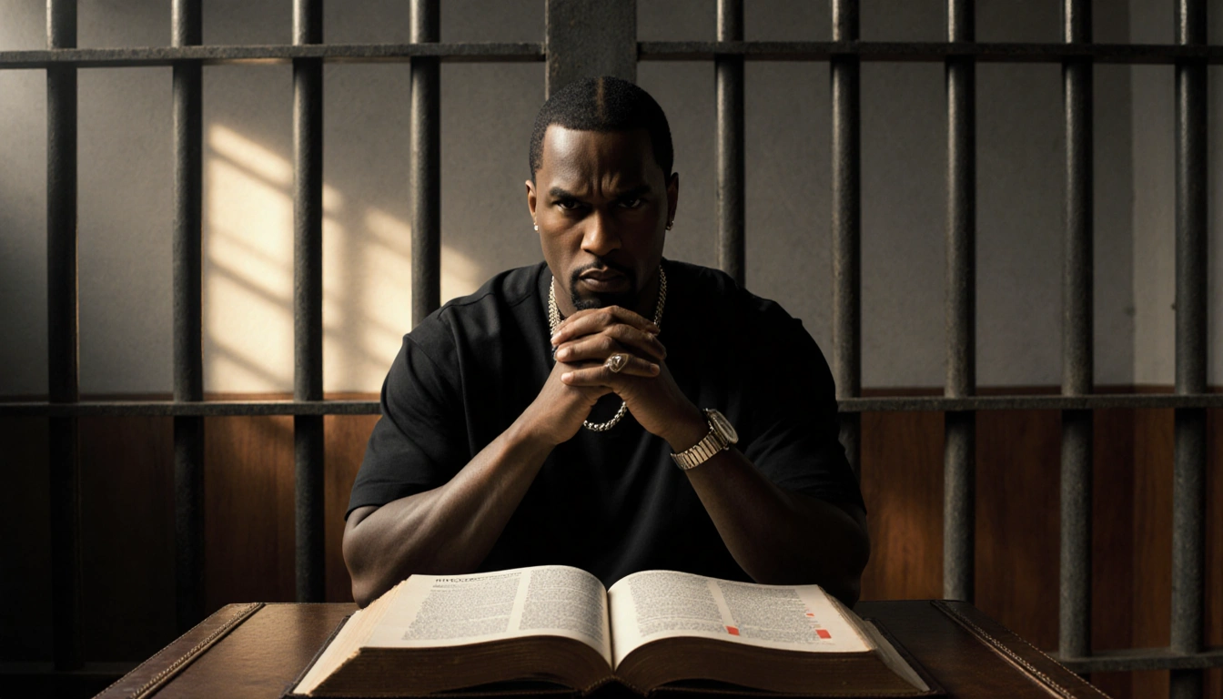 Diddy Combs sits in a dimly lit prison cell with gold light through bars and a leather book open beside him.
