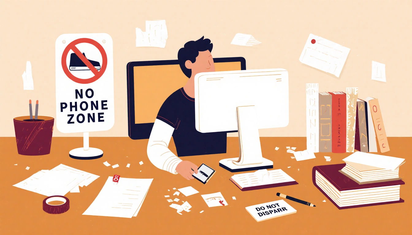 Person sits at desk avoiding phone with no phone zone sign and a stack of old books and paper scraps nearby