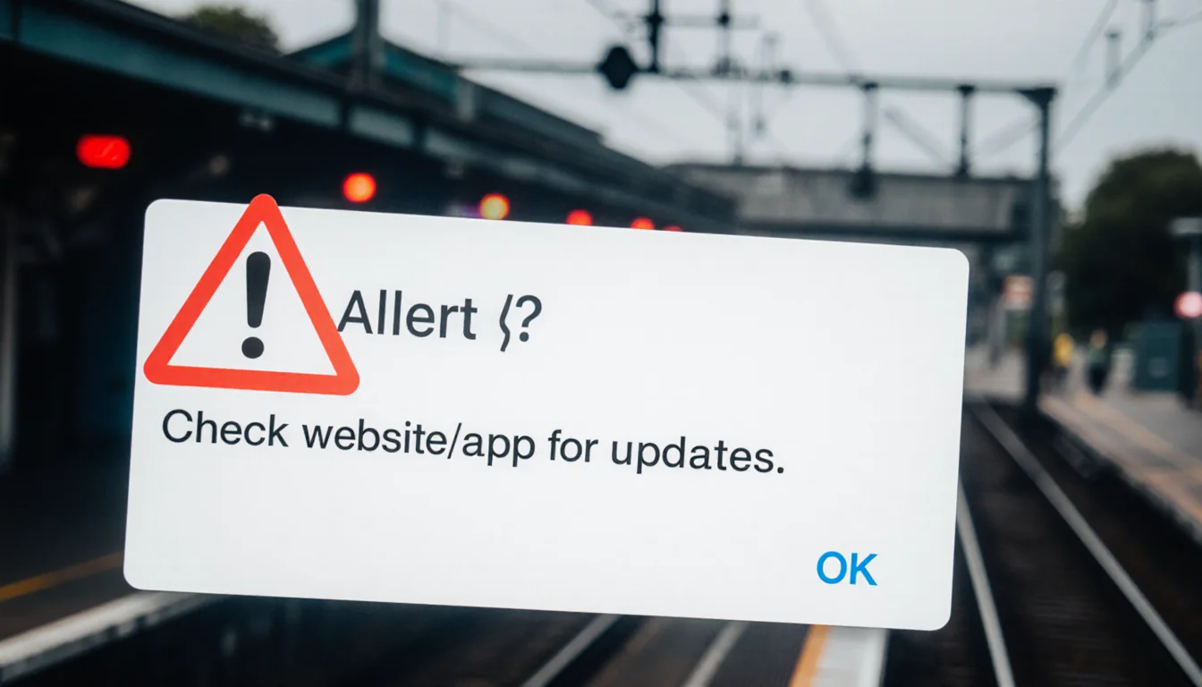 Smartphone screen showing alert notification with red icon and urgent text train station backdrop indicating DART rail