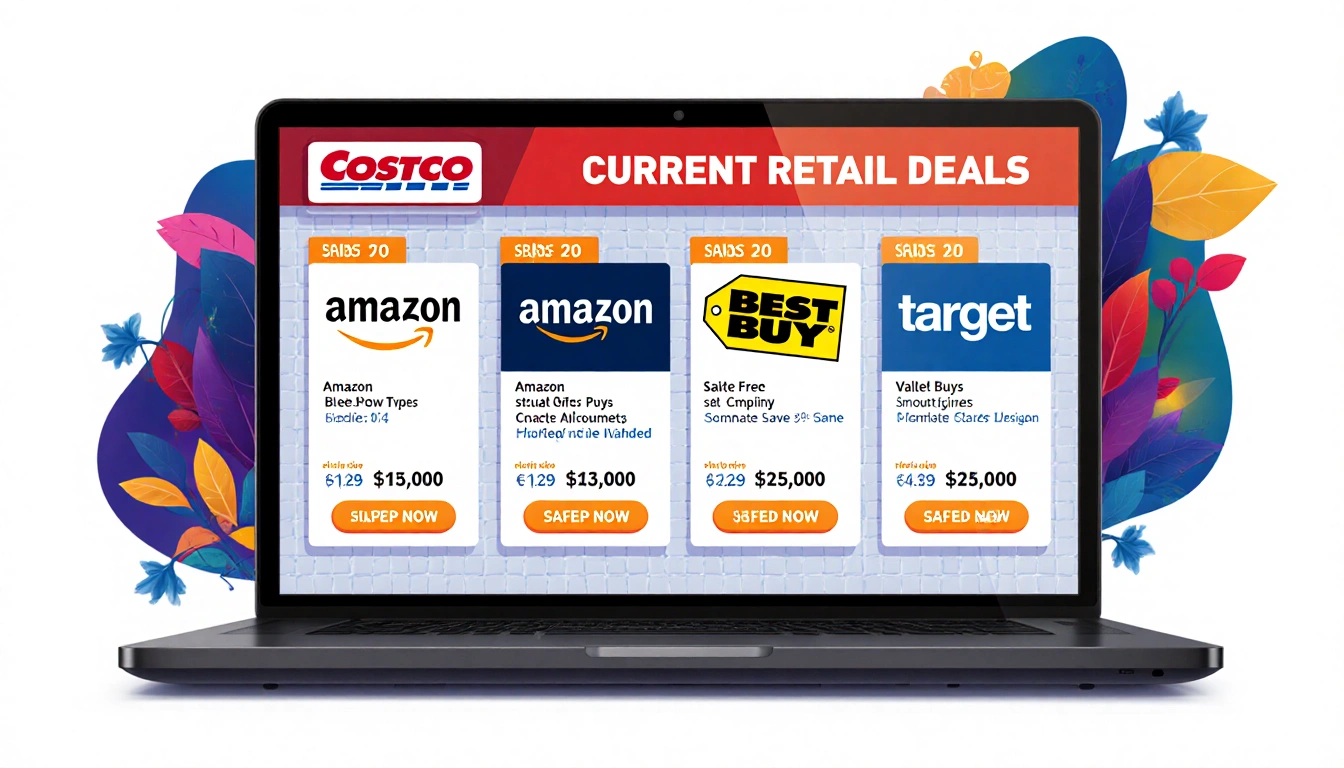 Meta Quest 3 headset showing retailer logos and prices with bold retail deals graphics and a subtle shelf background